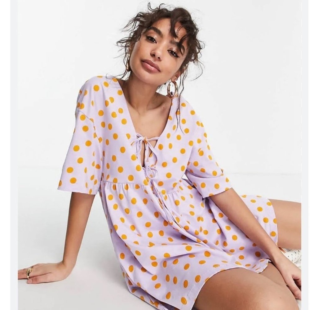 ASOS Design Women's Baby Doll Dress Size 0 Lilac Polka Dot Tie Oversized - Picture 2 of 12